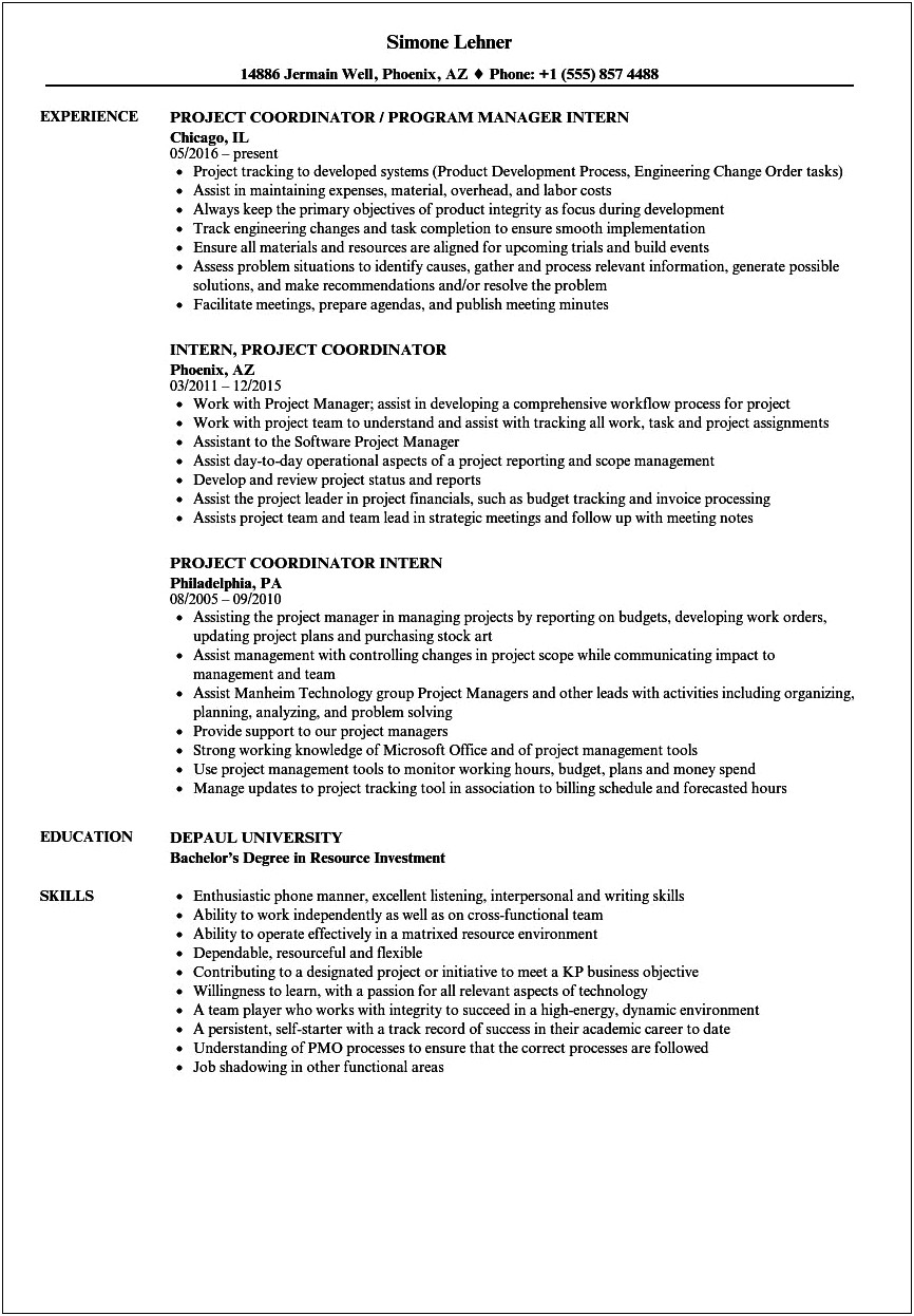 Project Manager Internship Job Description Resume
