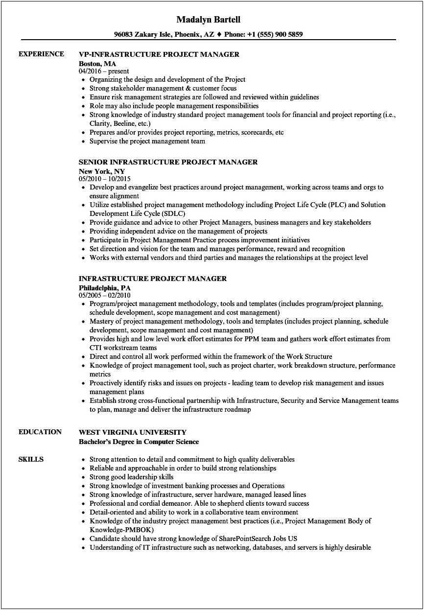Project Manager Job Responsibilities For Resume