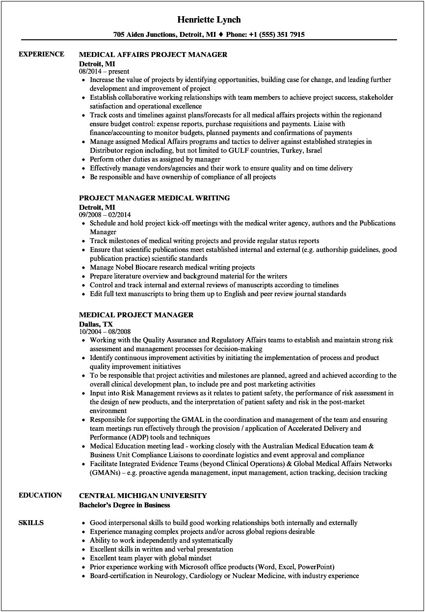 Project Manager Resume Healthcare It Sample