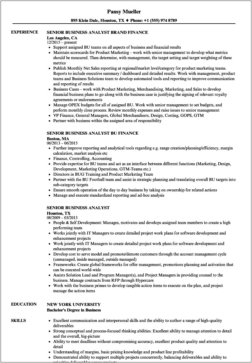 Property And Casualty Experience In Business Analyst Resume