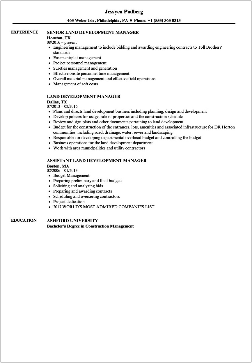 Property Development Job Description For Resume