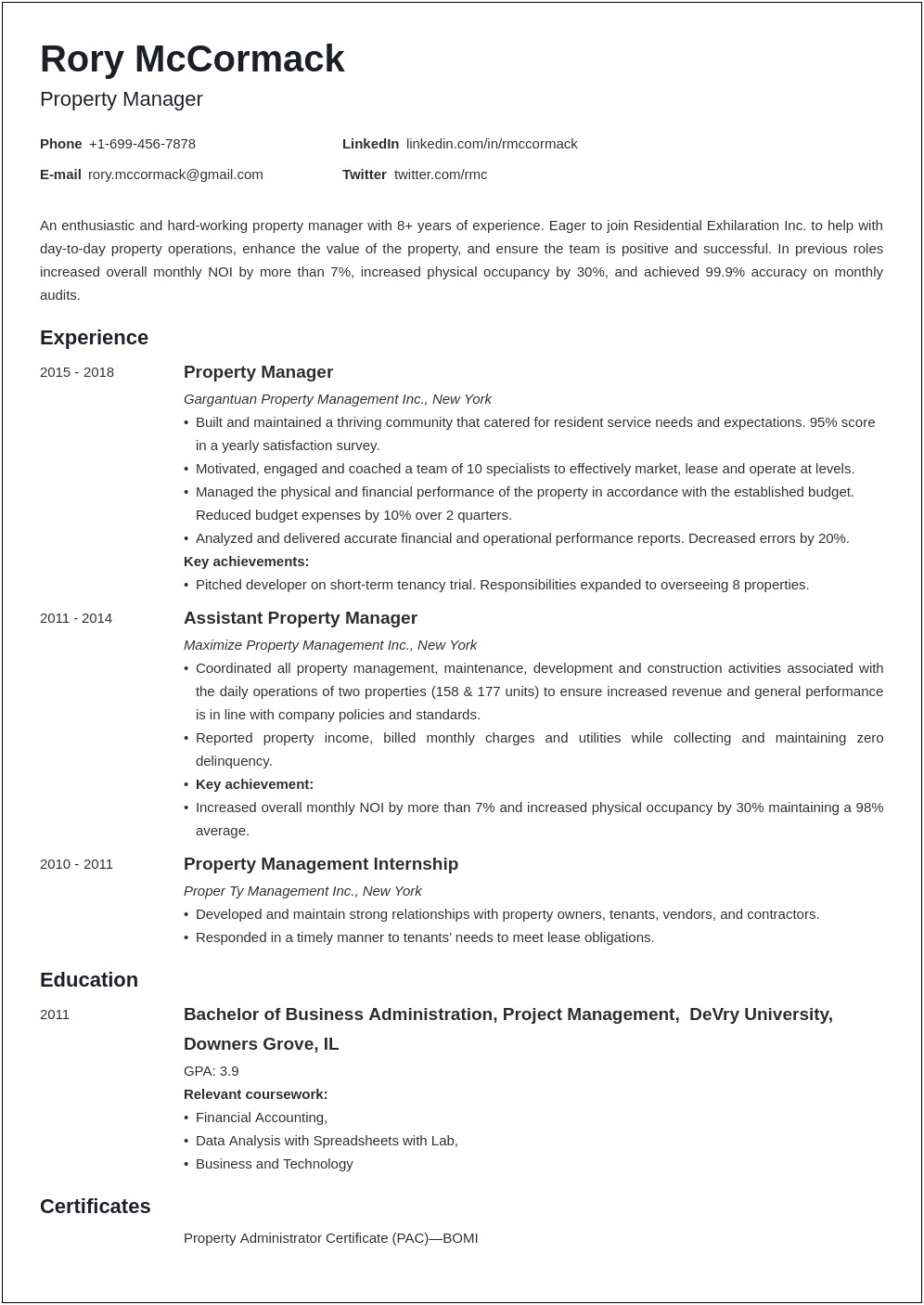 Property Manager Lease Up Experience Resume