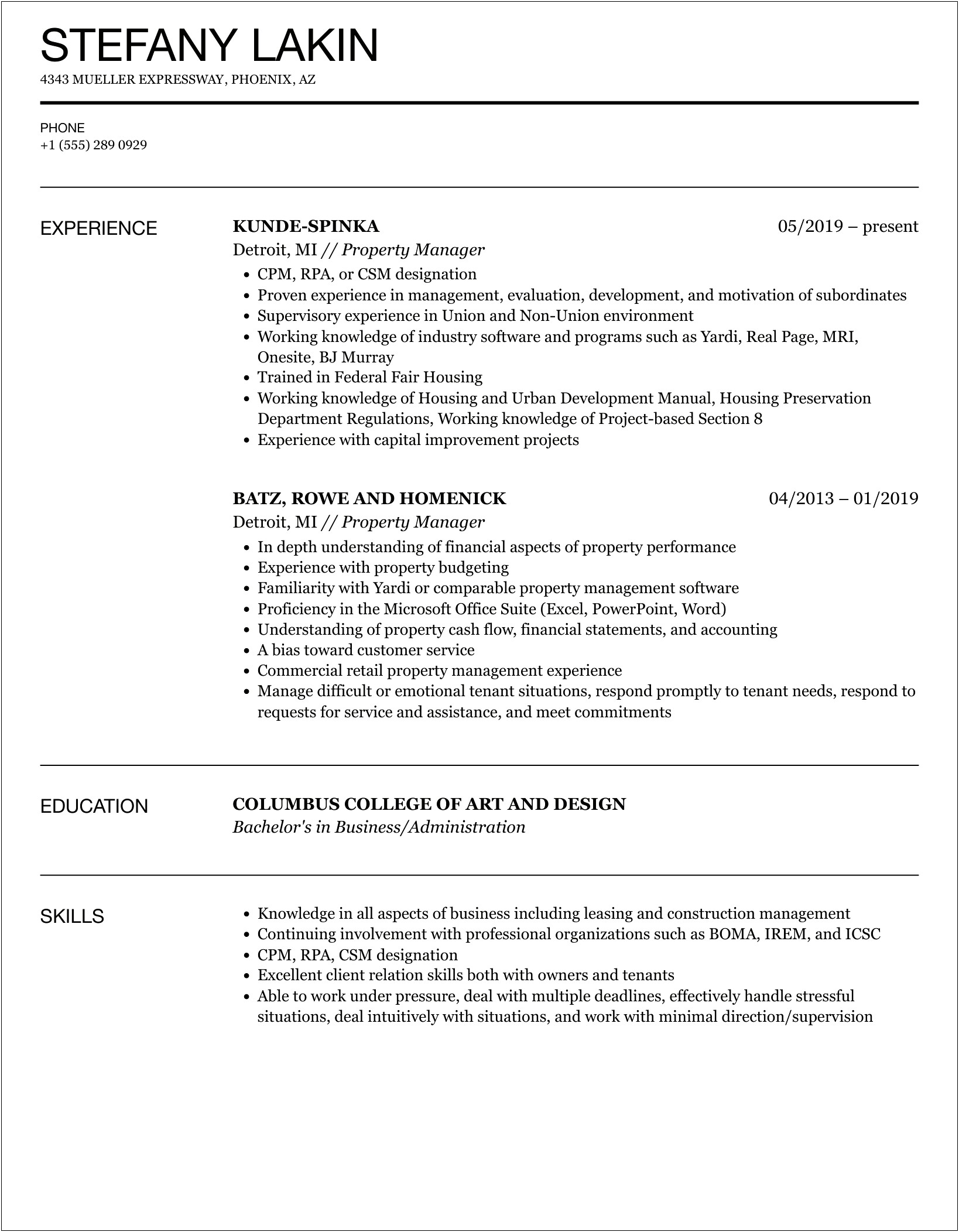 Property Manager Resume With Accomplishments Section