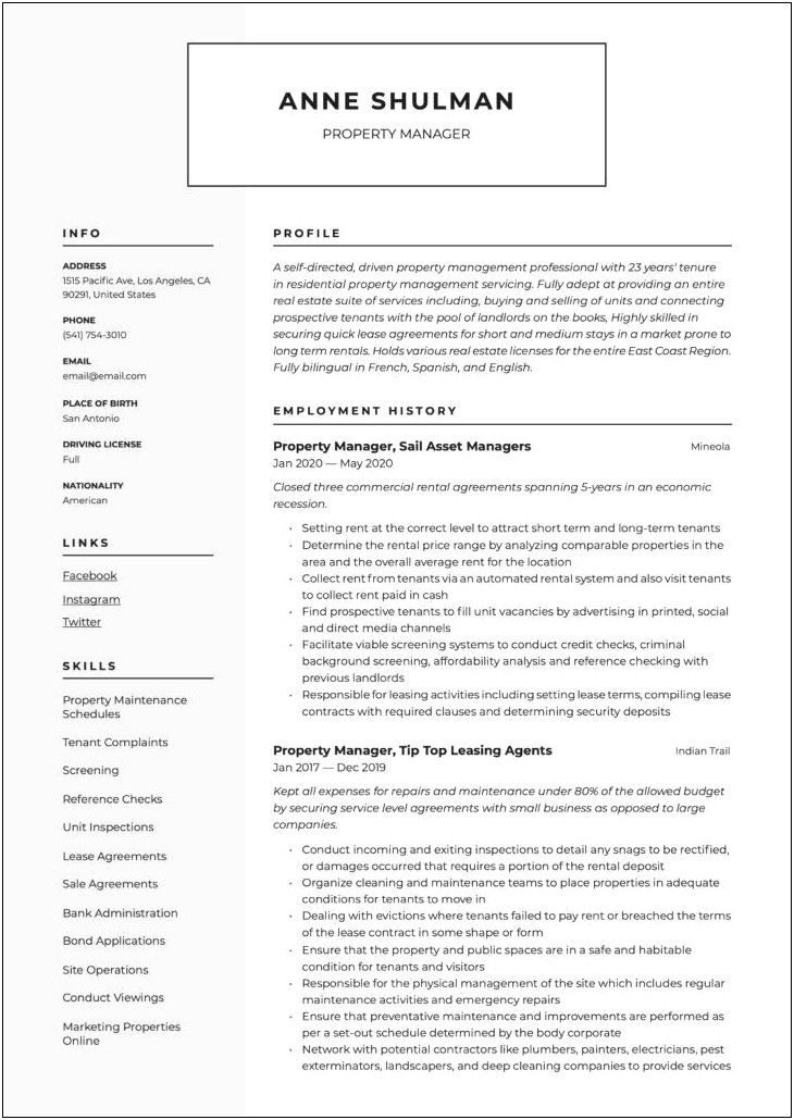 Property Manager Tax Credit Resume Sample