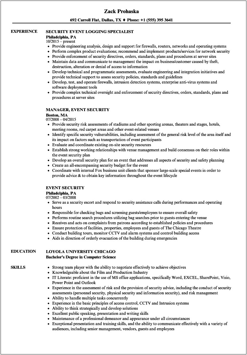 Protective Security Officer Job Description On Resume
