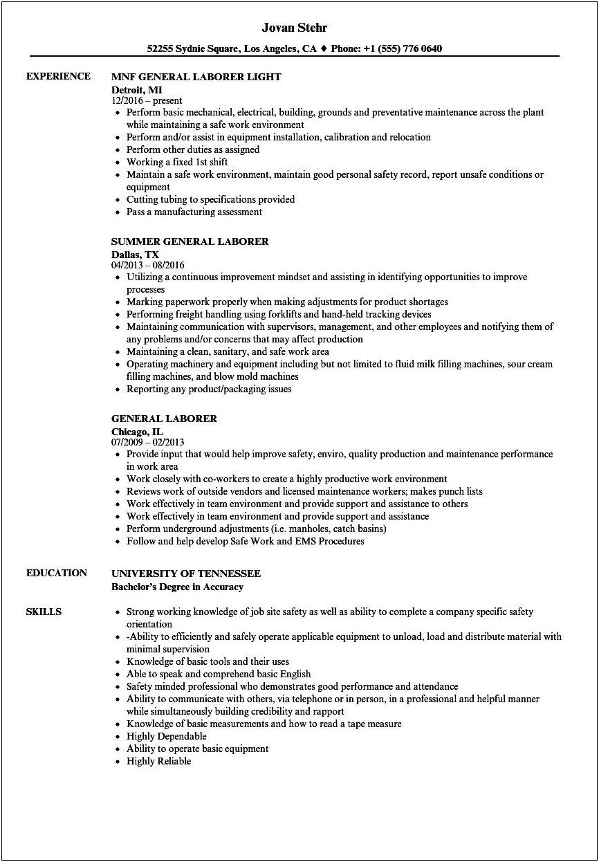 Provide Experience In General Labor Resume