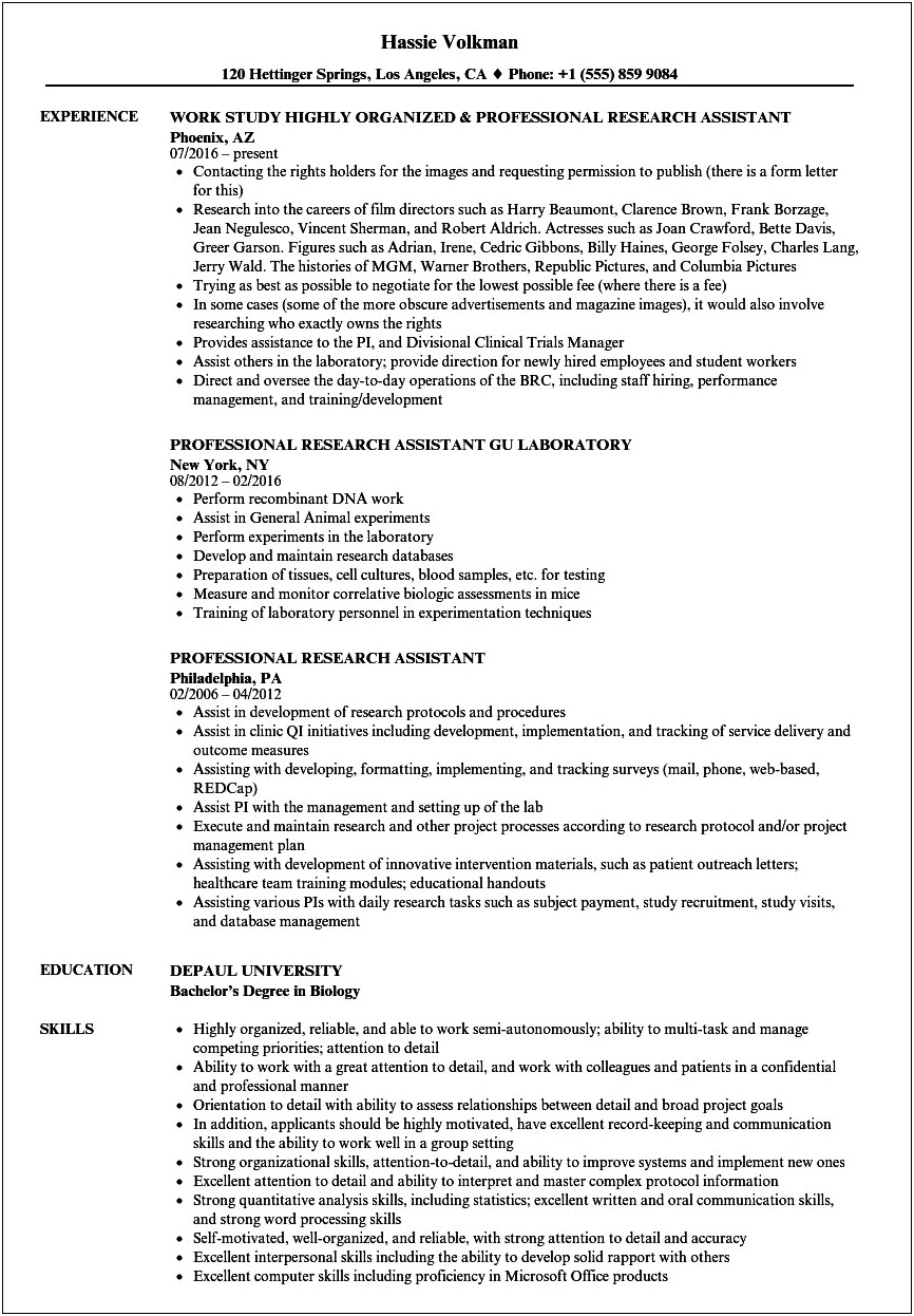 Psychology Research Assistant Job Description For Resume