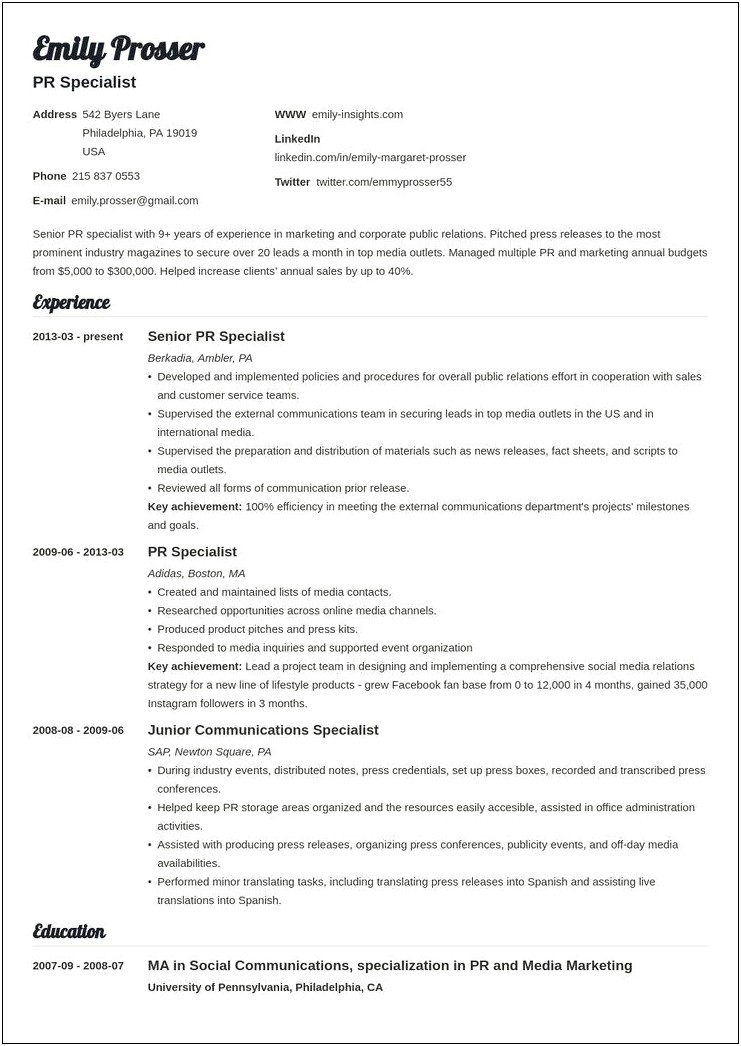 Public Relations And Events Manager Sample Resume