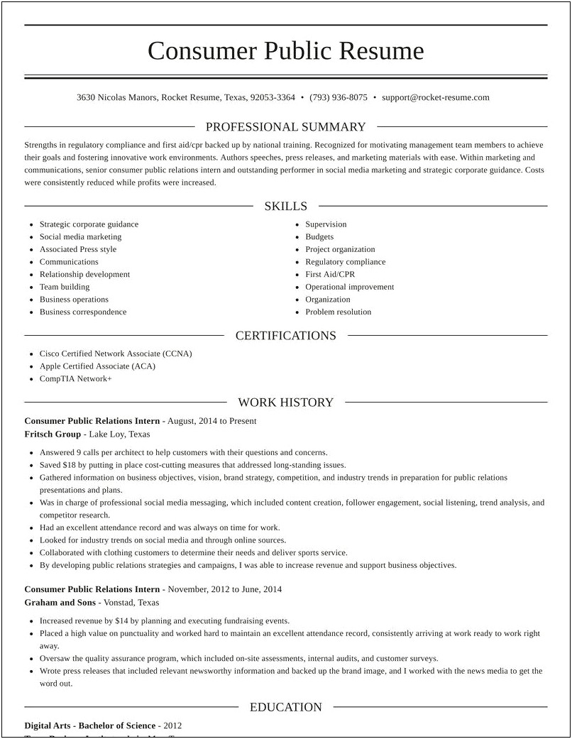 Public Relations Intern Description For Resume
