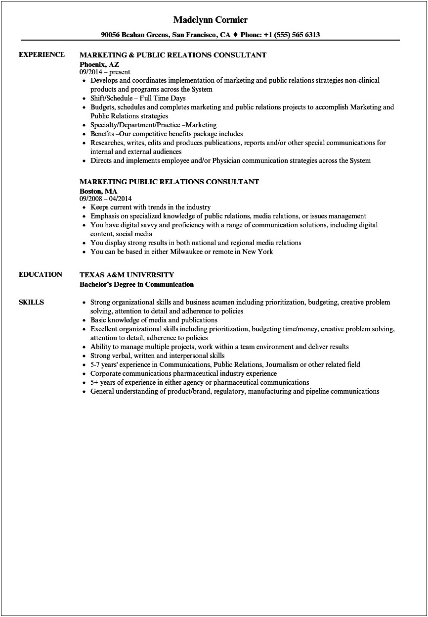 Public Relations Job Description For Resume