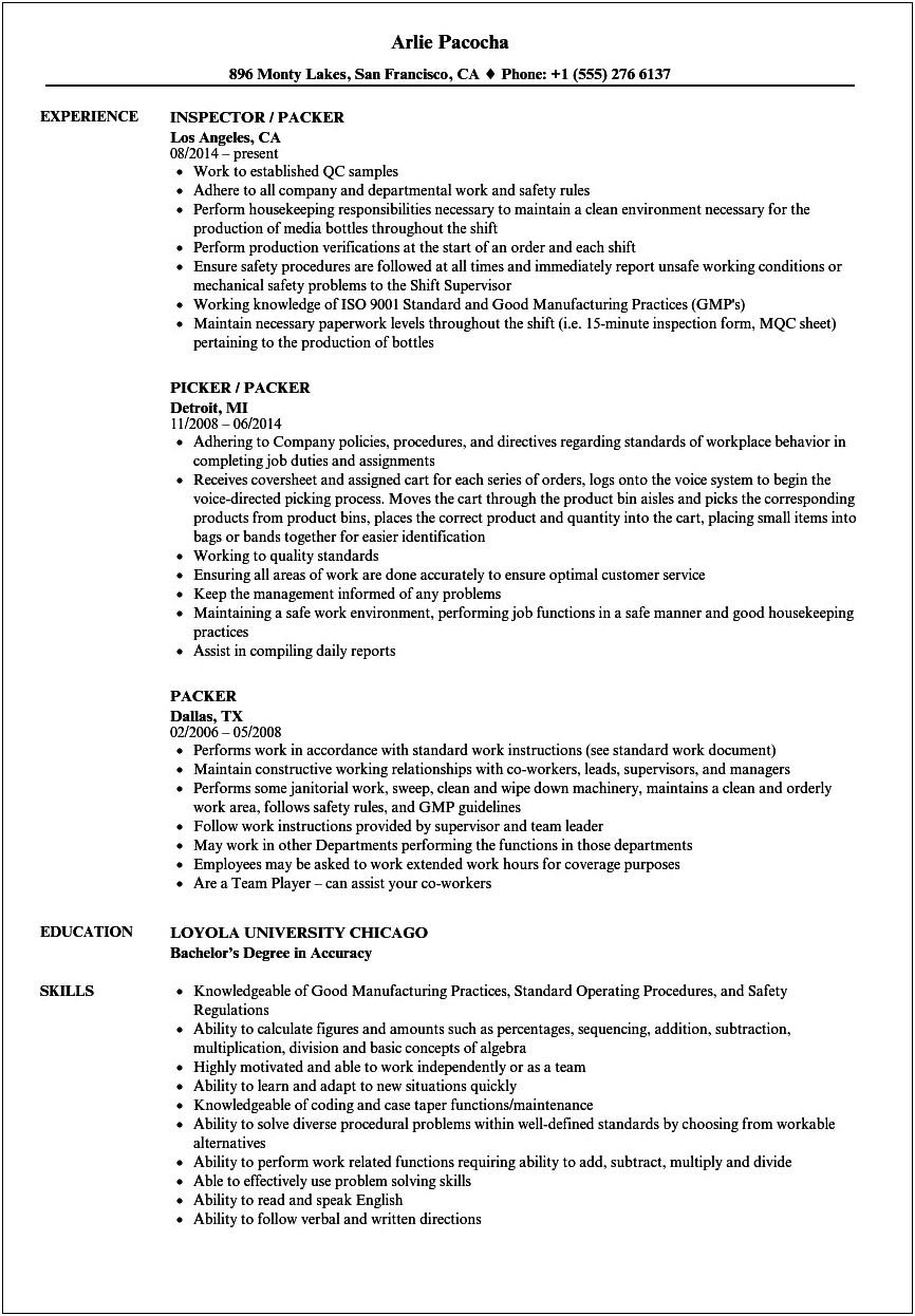 Pull Picker At A Job For A Resume