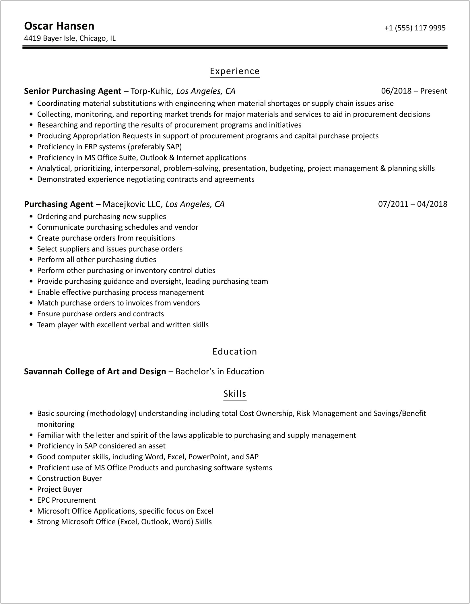 Purchasing Agent Job Description For Resume