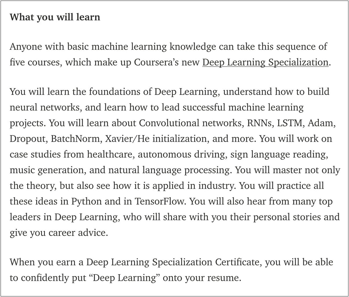 Putting Coursera Deep Learning Course On Resume