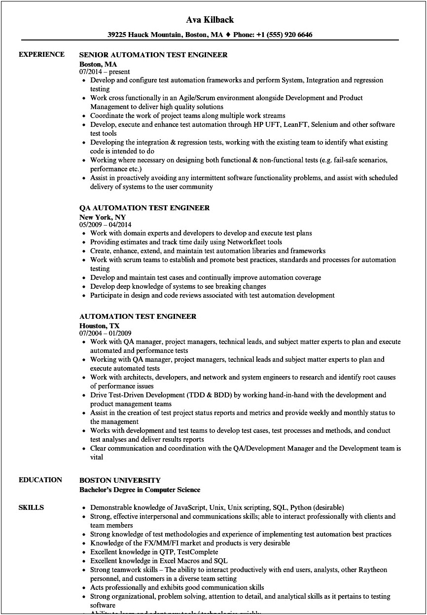 Qa Automation Experience Resume With Protractor Sample Resumes