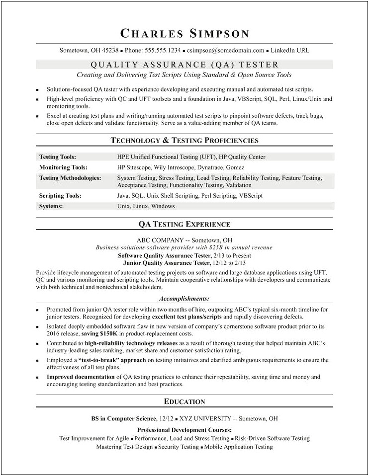 Qa Tester Resume With Agile Experience