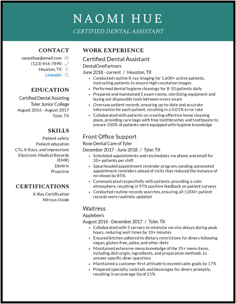 Qualification For Resume Dental Assistant Sample