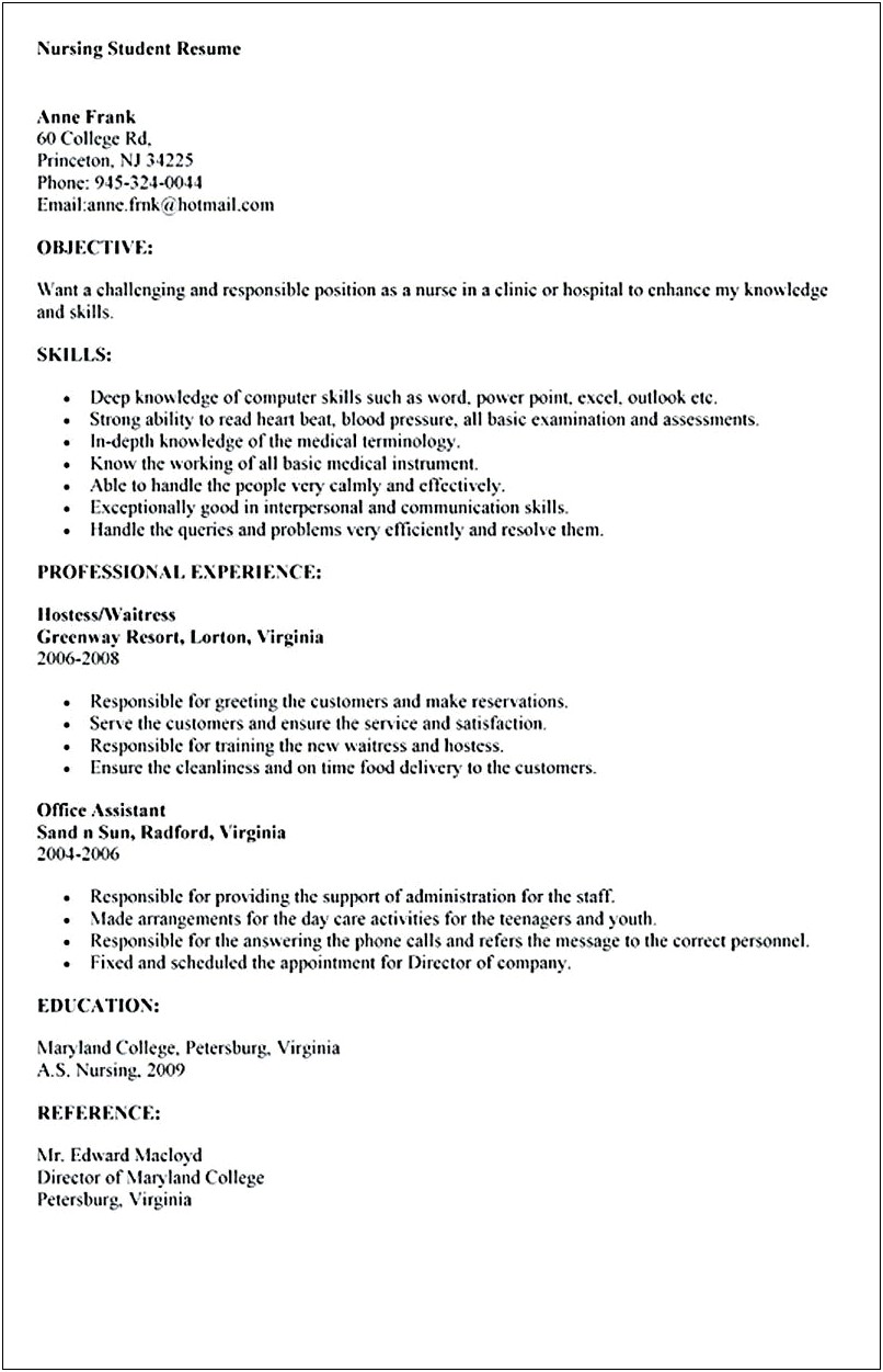 Qualifications And Skills Nursing Student Resume