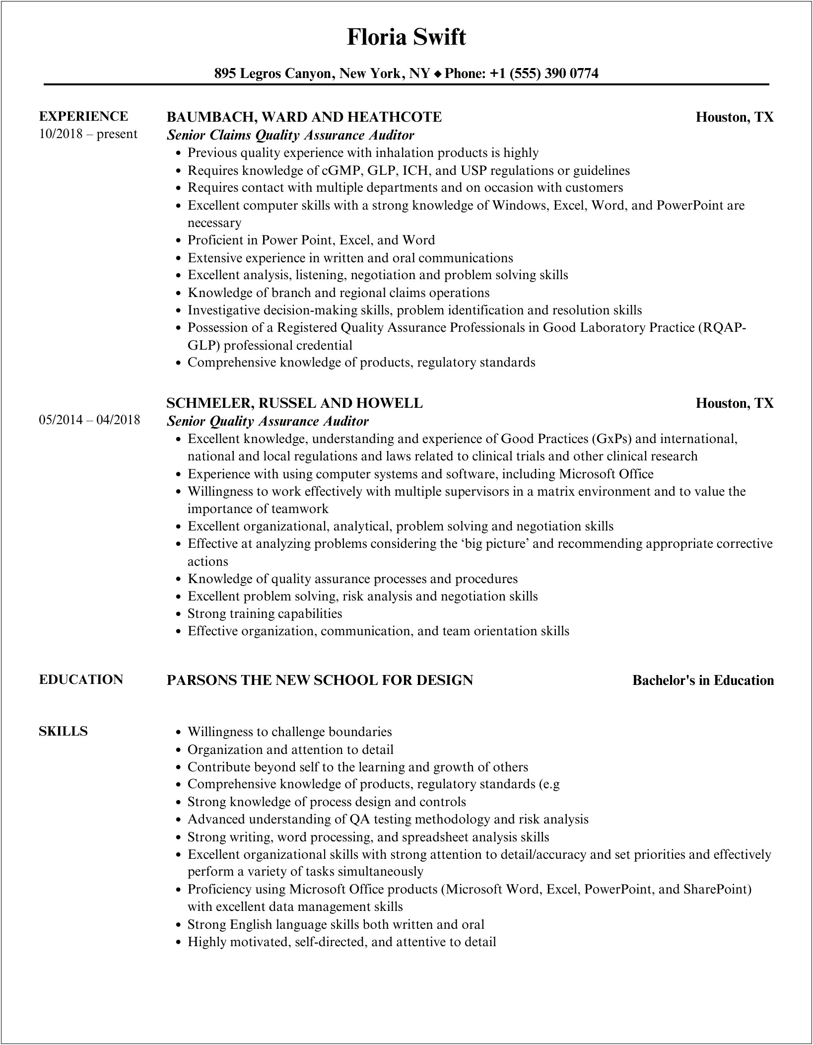 Quality Assurance Analyst Auditor Resume Free Download