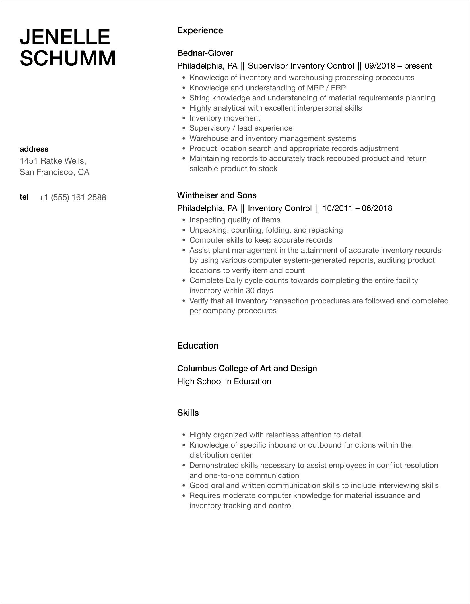 Quality Assurance Inventory Control Warehouse Resume Sample