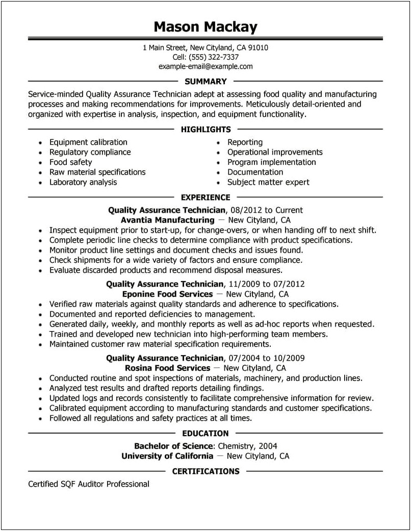 Quality Assurance Manager Informative Resume Bullets