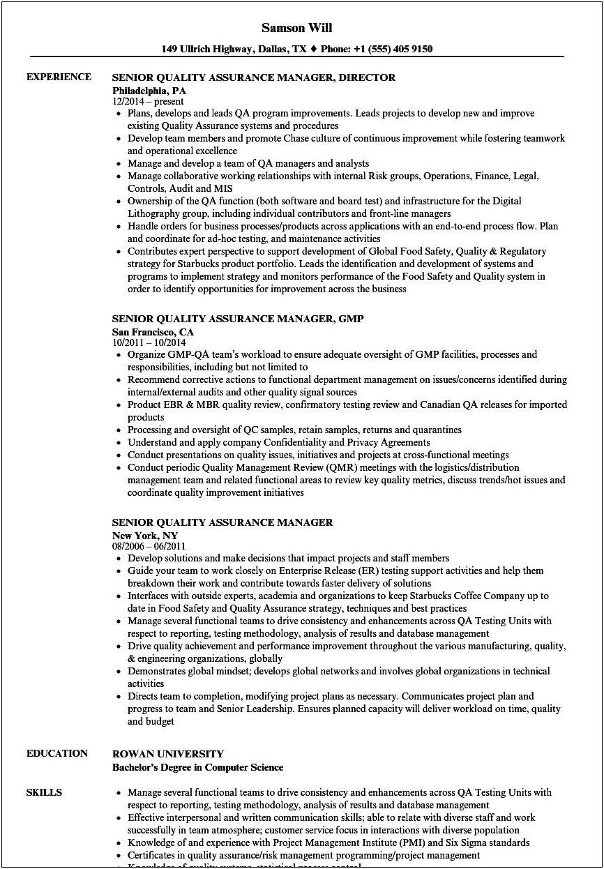 Quality Control Manager In Pharmaceutical Industry Resume