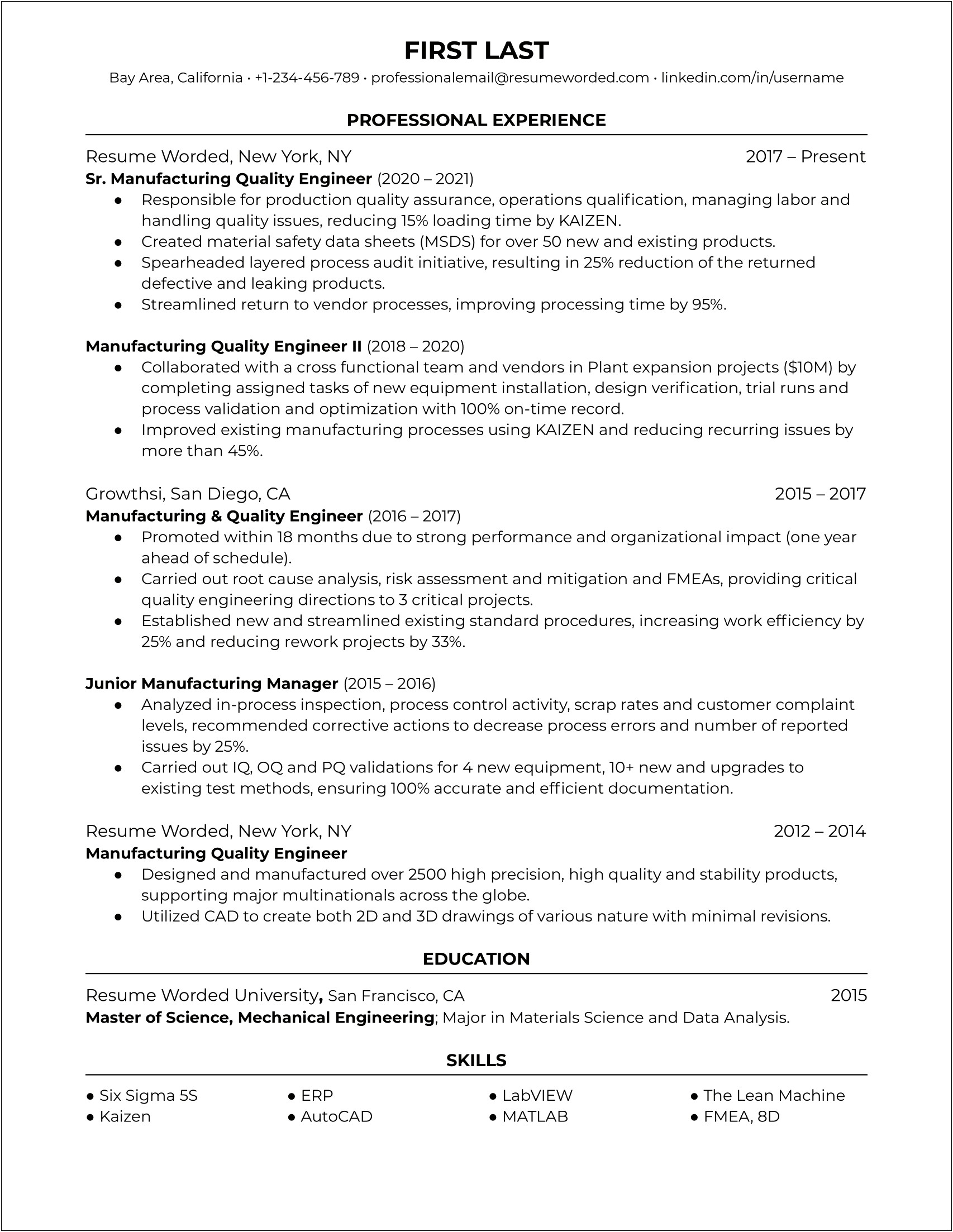 Quality Inspector Job Qualities For Resume