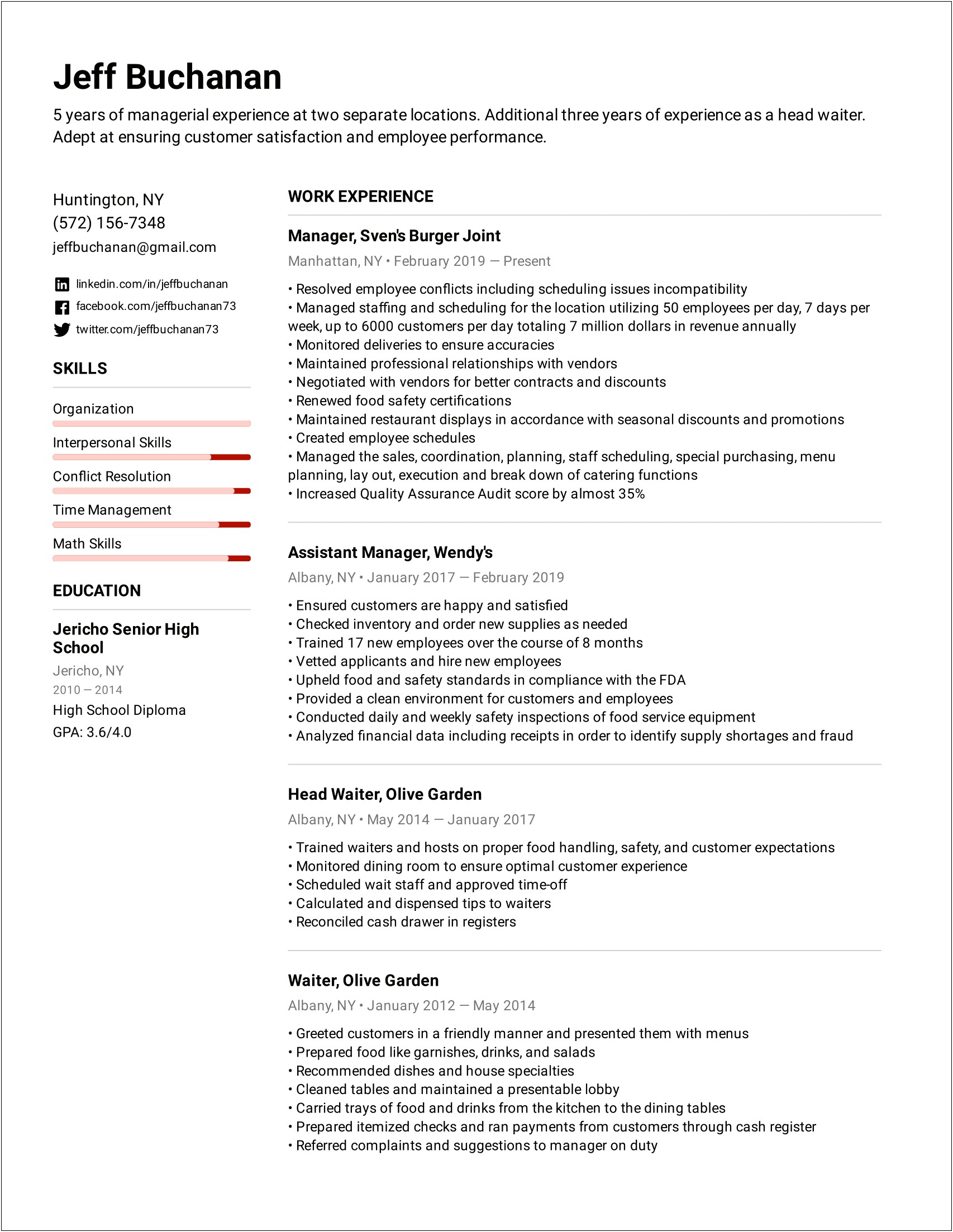 Quick Resume For For Restaurant Job