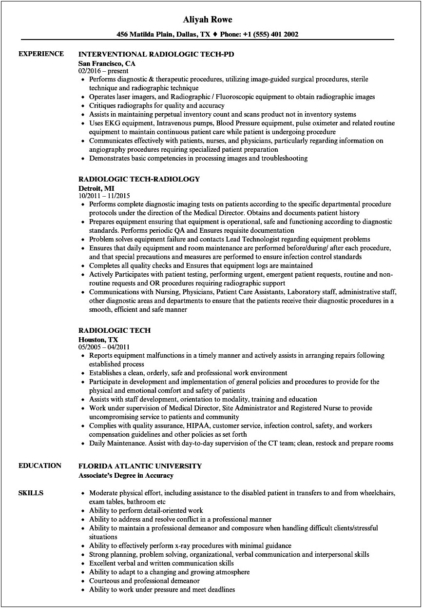 Radiologic Technologist Job Description For Resume