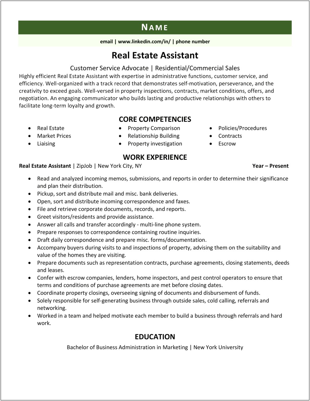 Real Estate Assistant Job Description Resume