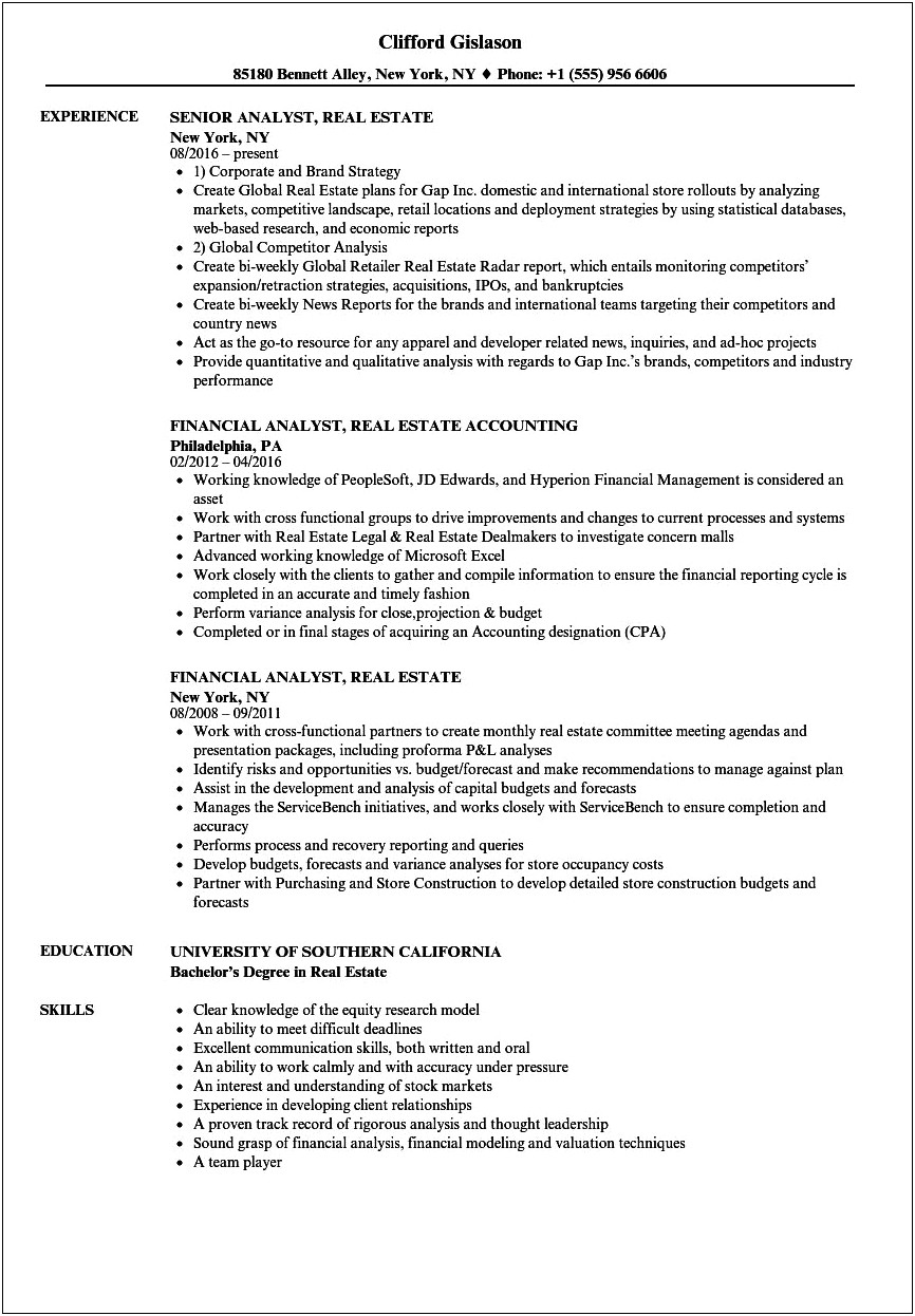 Real Estate Investment Analyst Resume Example