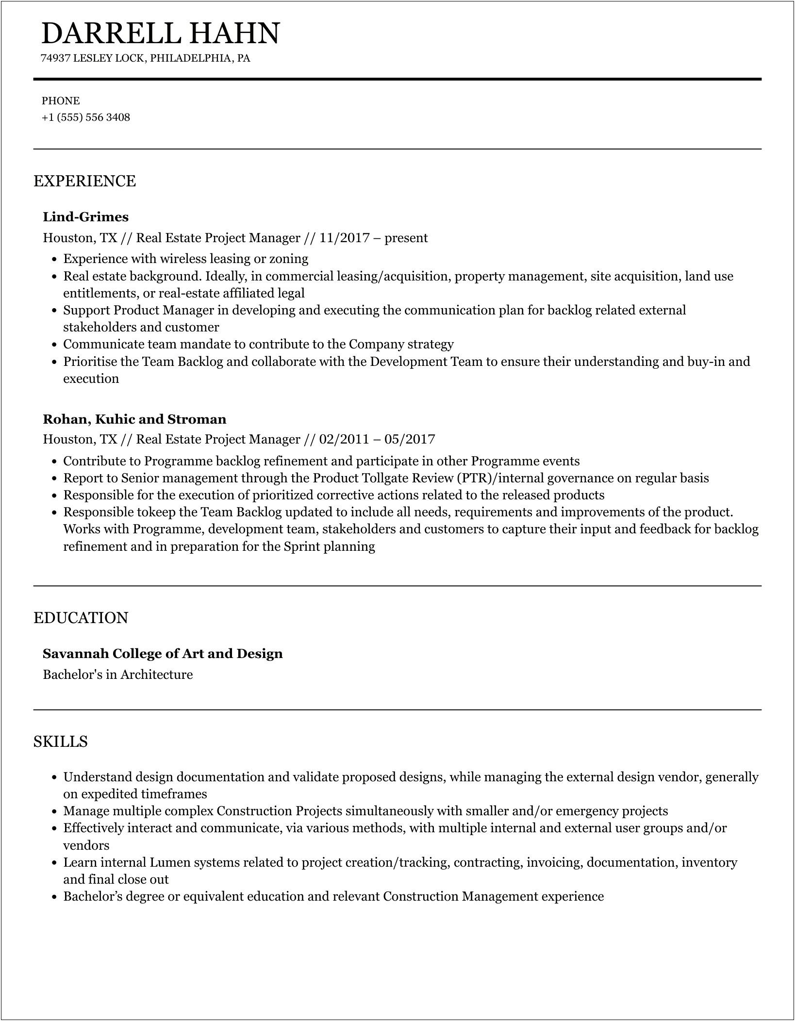 Real Estate Project Manager Resume Sample