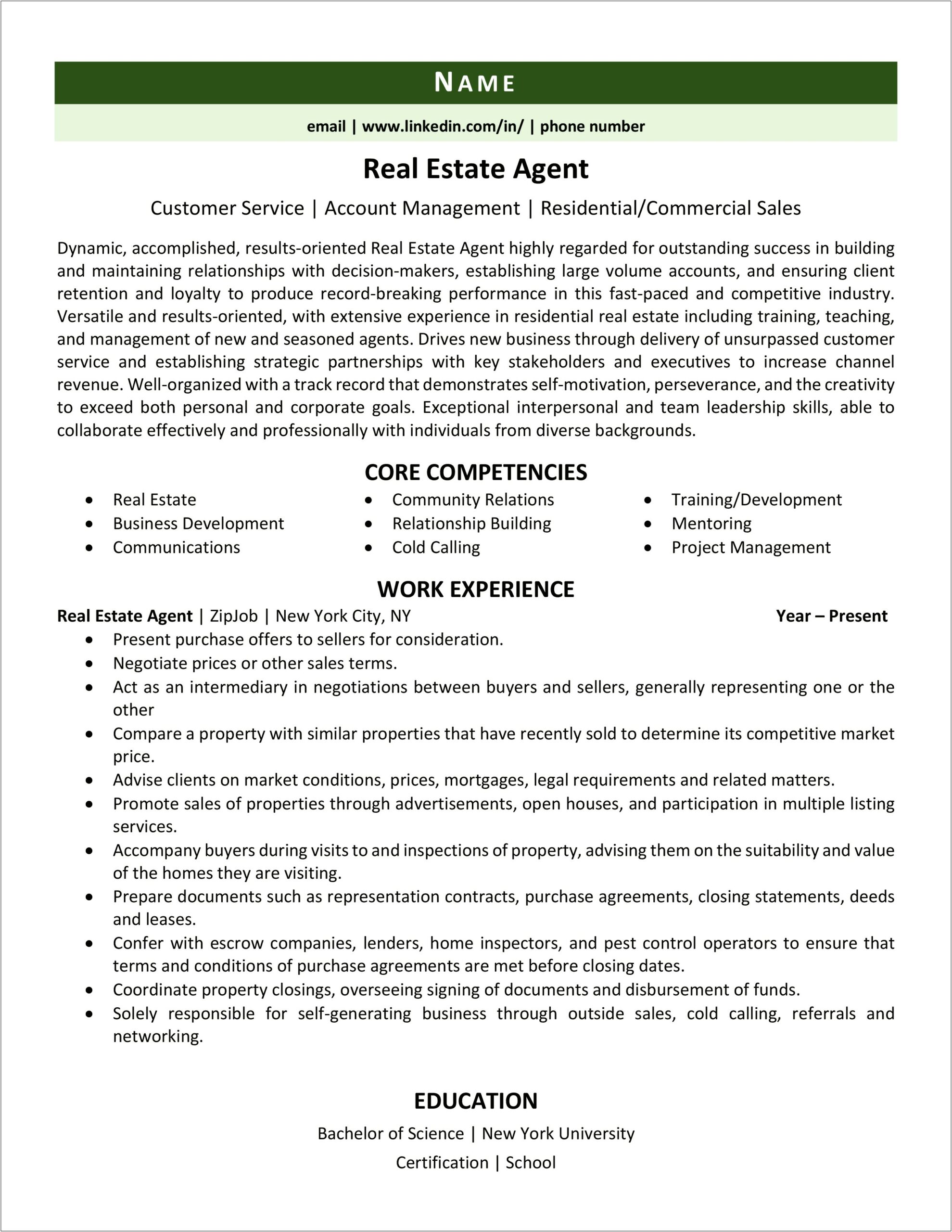 Real Estate Sales Agent Resume Sample
