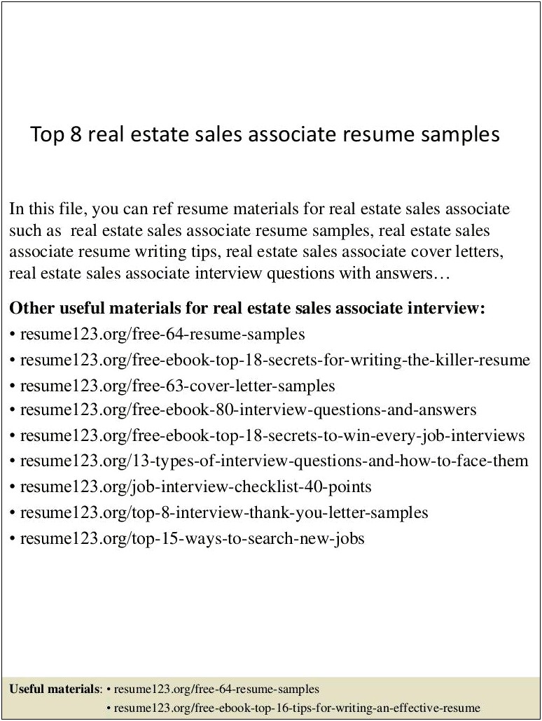 Real Estate Sales Associate Sample Resume