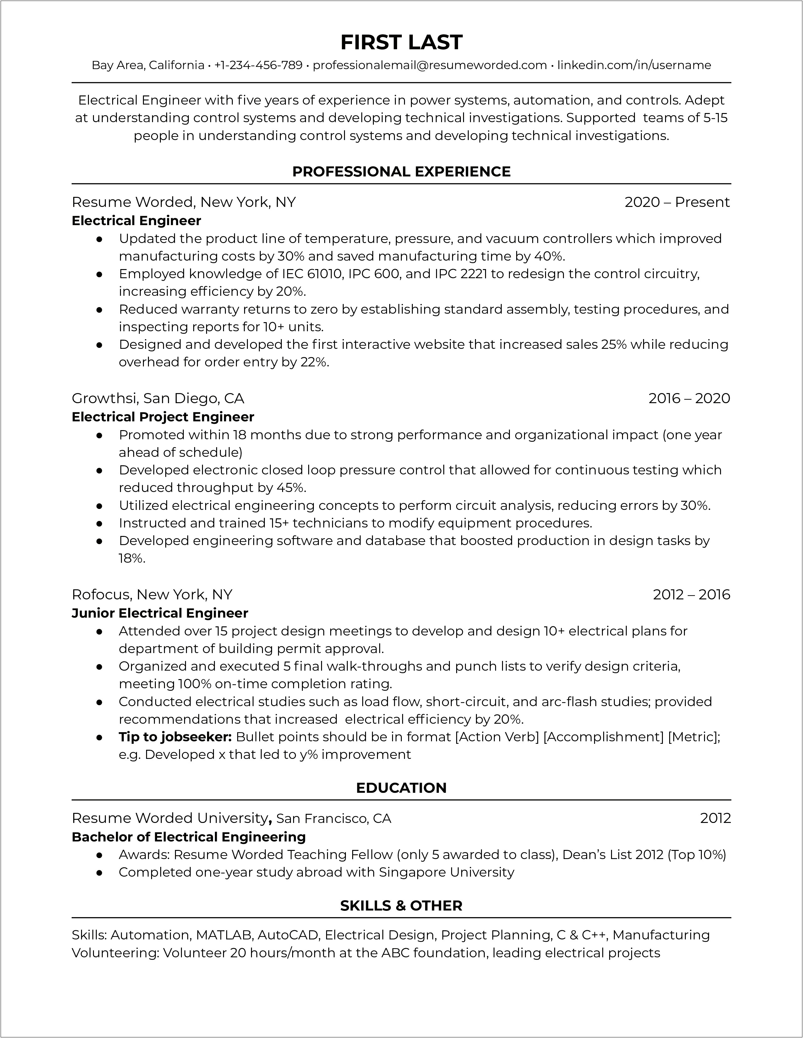 Recent Graduate Electrical Engineering Resume Examples