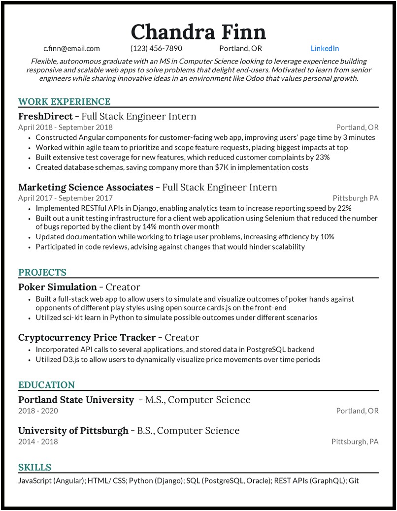 Recent Graduate Resume Computer Science Sample