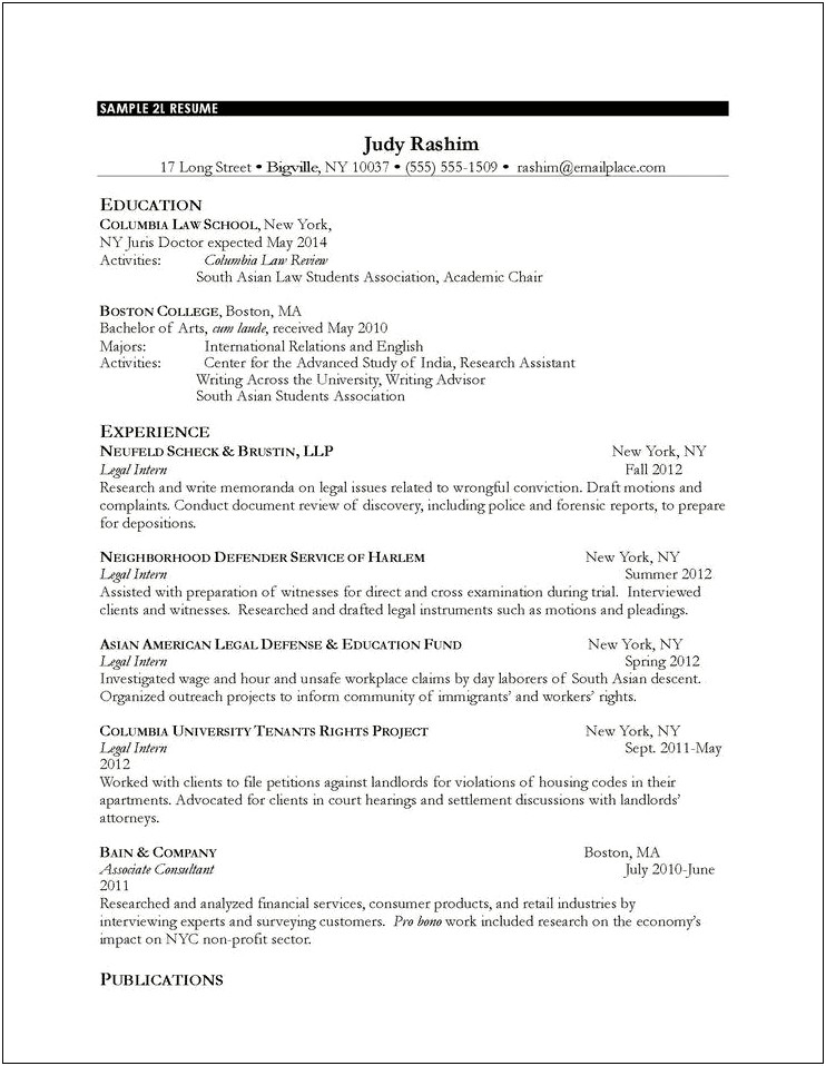 Recent Law School Graduate Resume Sample