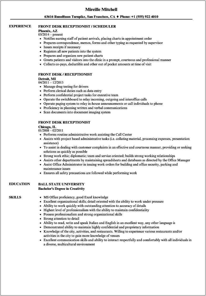 Receptionist Job Description Sample On Resume
