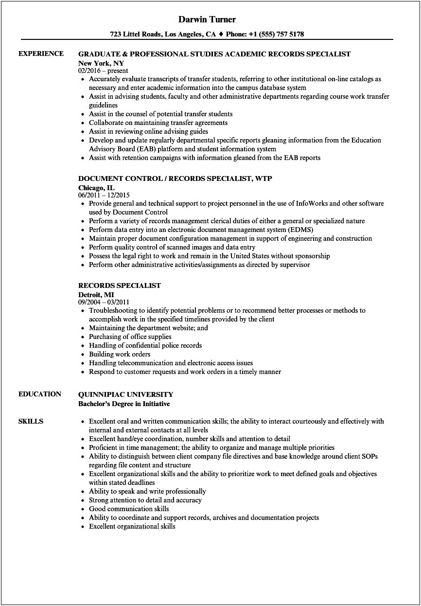 Records And Information Management Specialist Resume