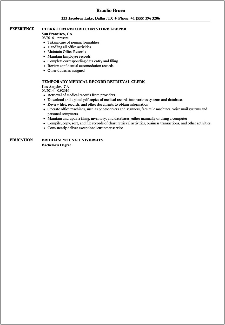 Records Clerk Job Description For Resume