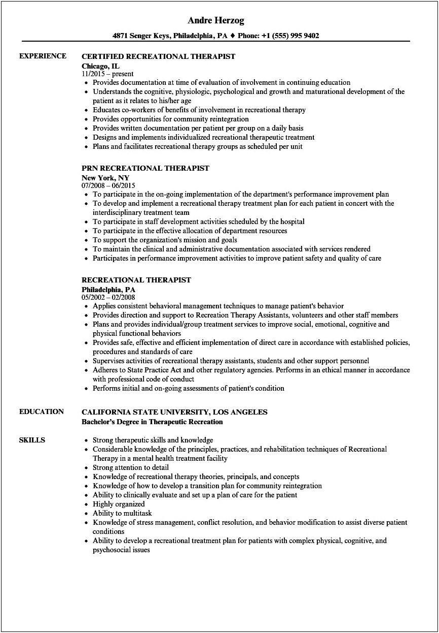 Recreational Therapist Job Description For Resume