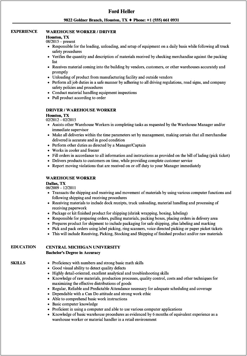 Recycling Center Job Description For Resume