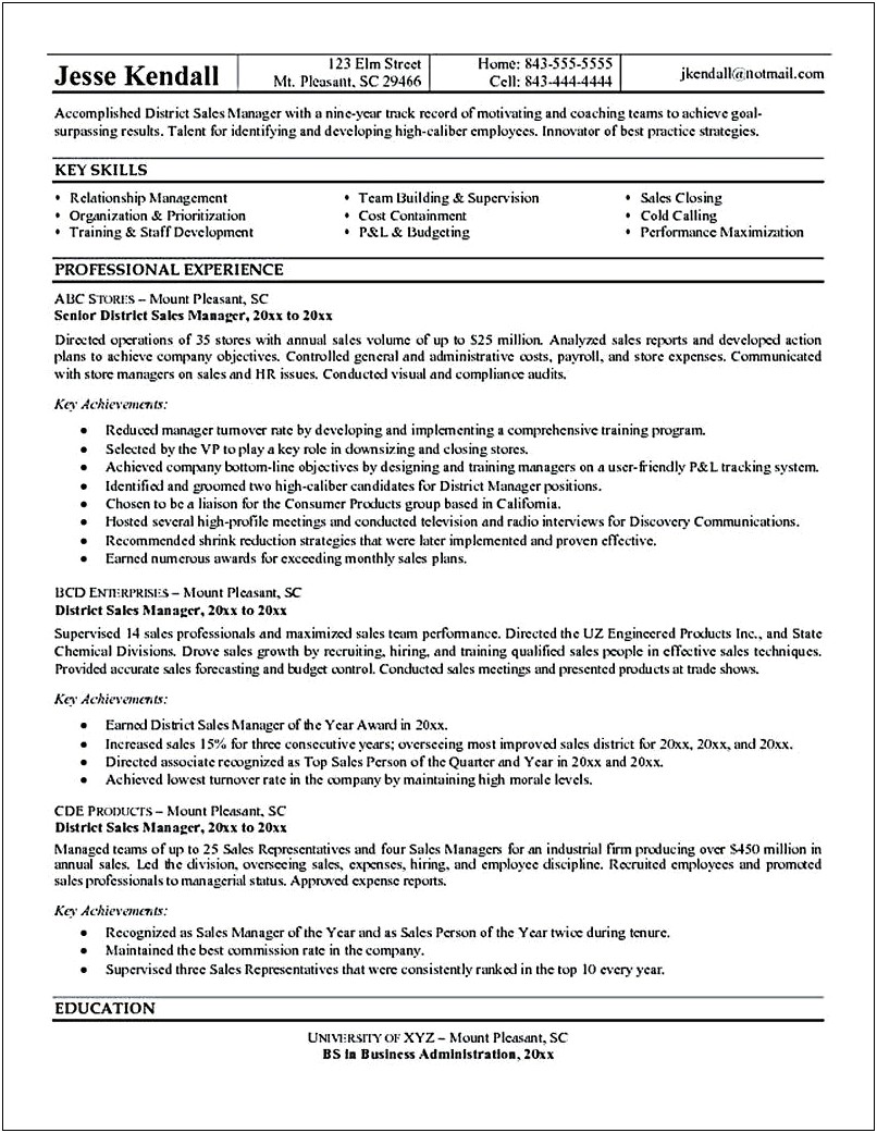Regional Sales Manager Job Description Resume