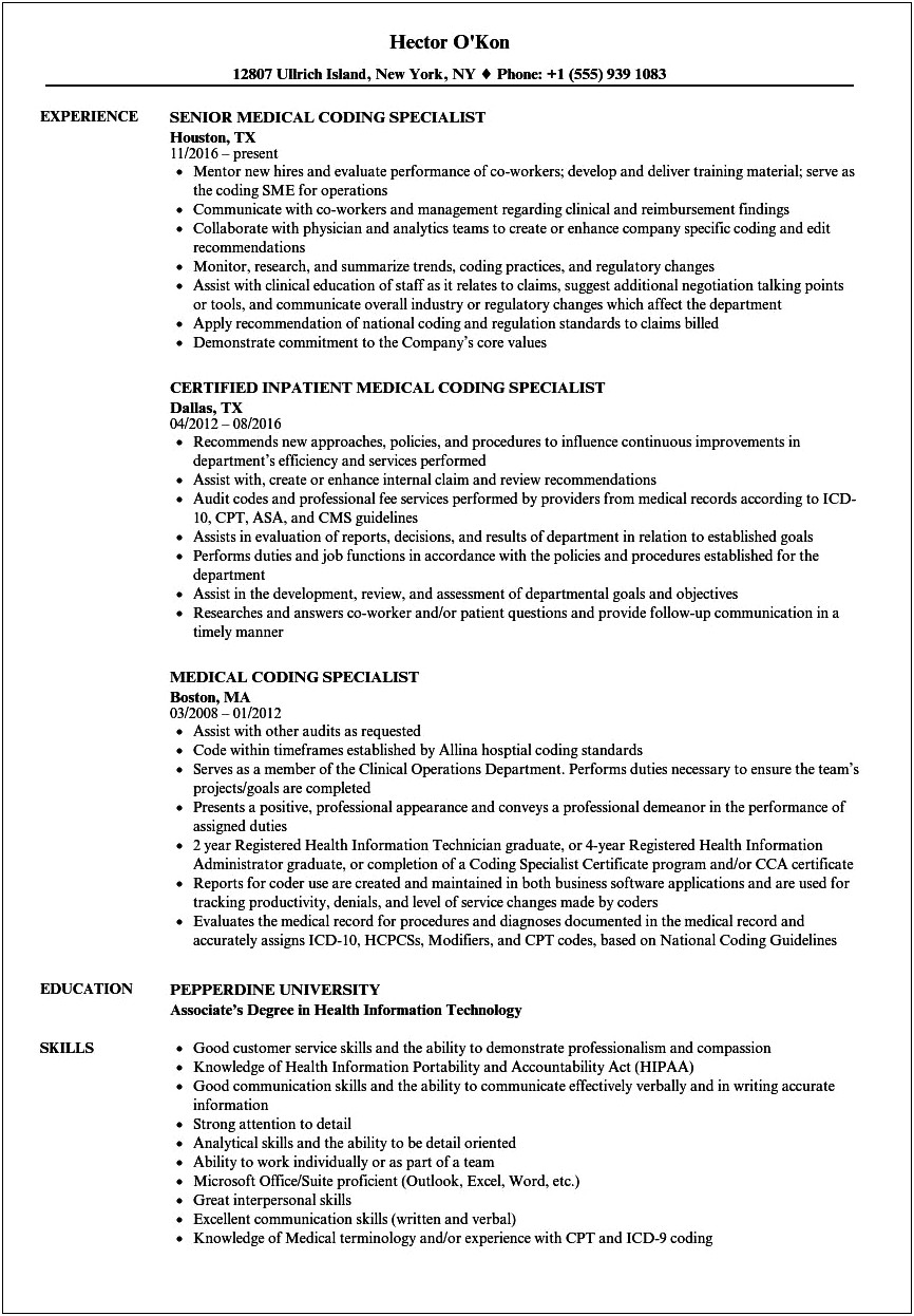 Remote Medical Coding Specialist Resume Templates