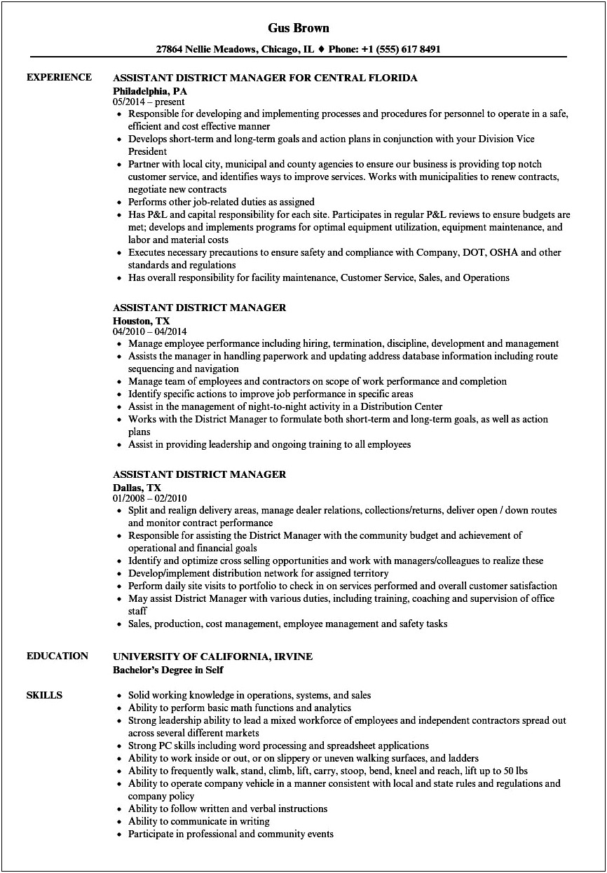 Rent A Center Assistant Manager Resume