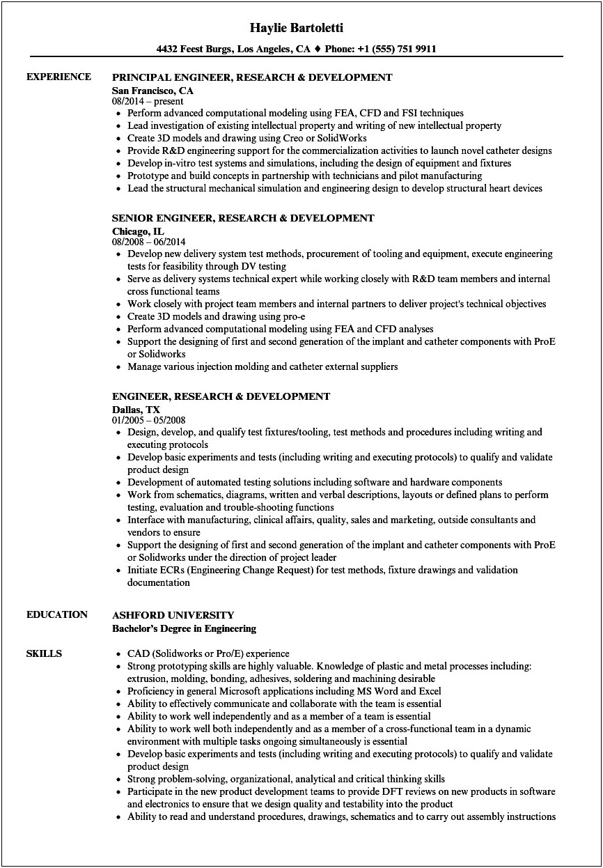 Research And Development Engineer Resume Examples