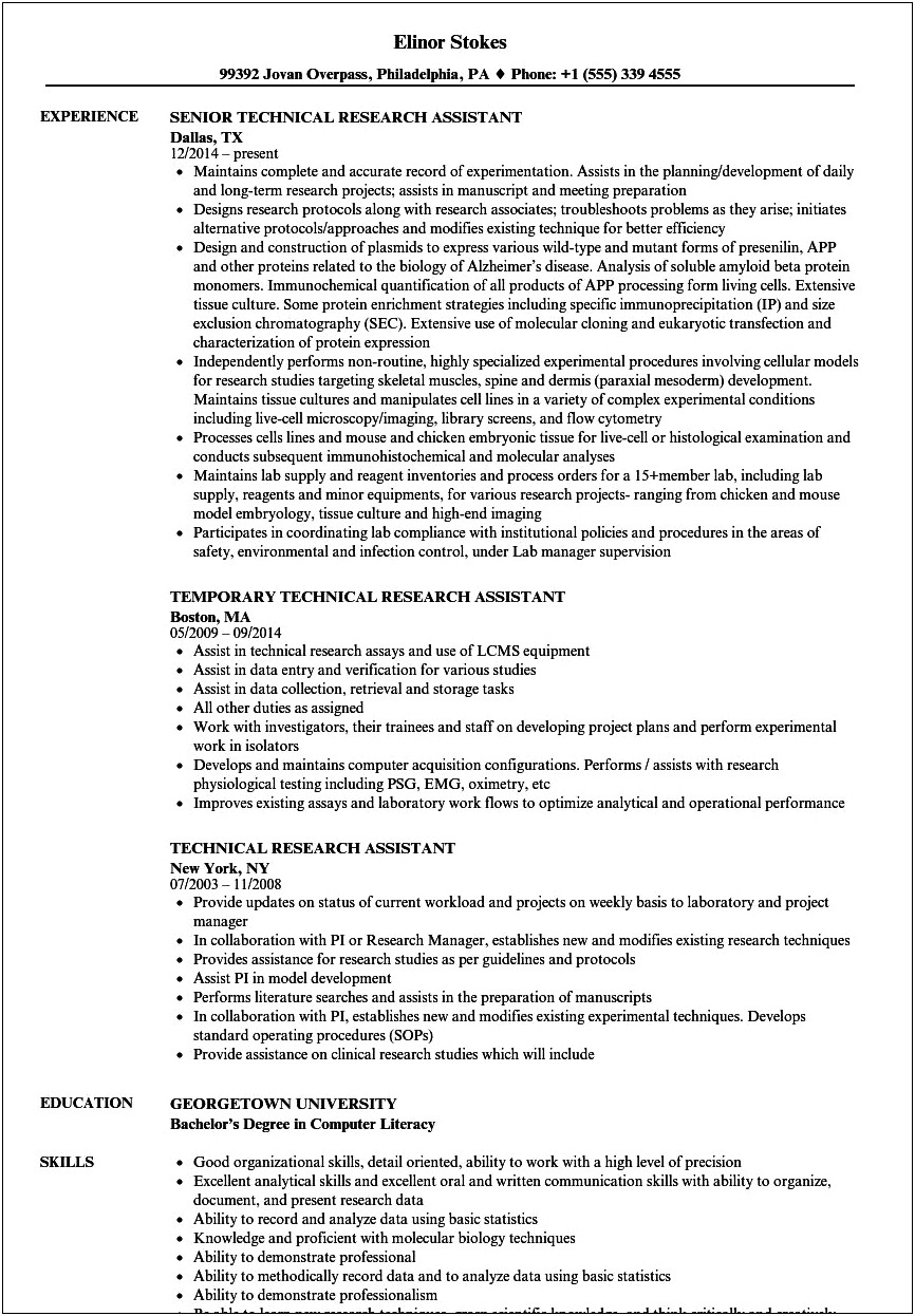 Research Assistant Poultry Job Description For Resume