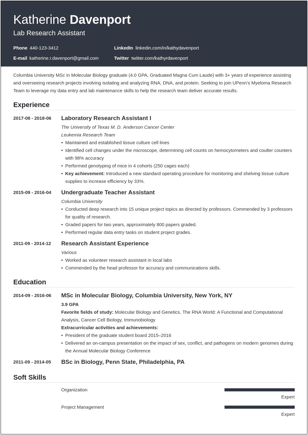 Research Assistant Undergraduate Resume No Experience