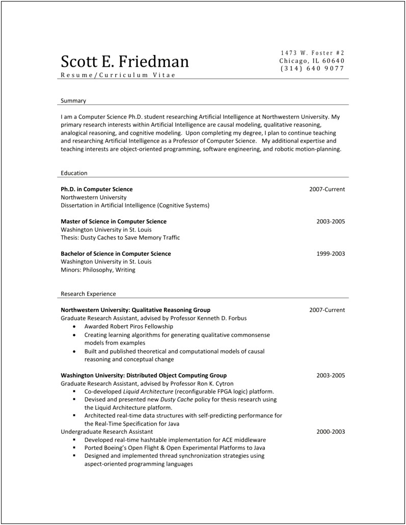 Research Experience In Computer Science Resume