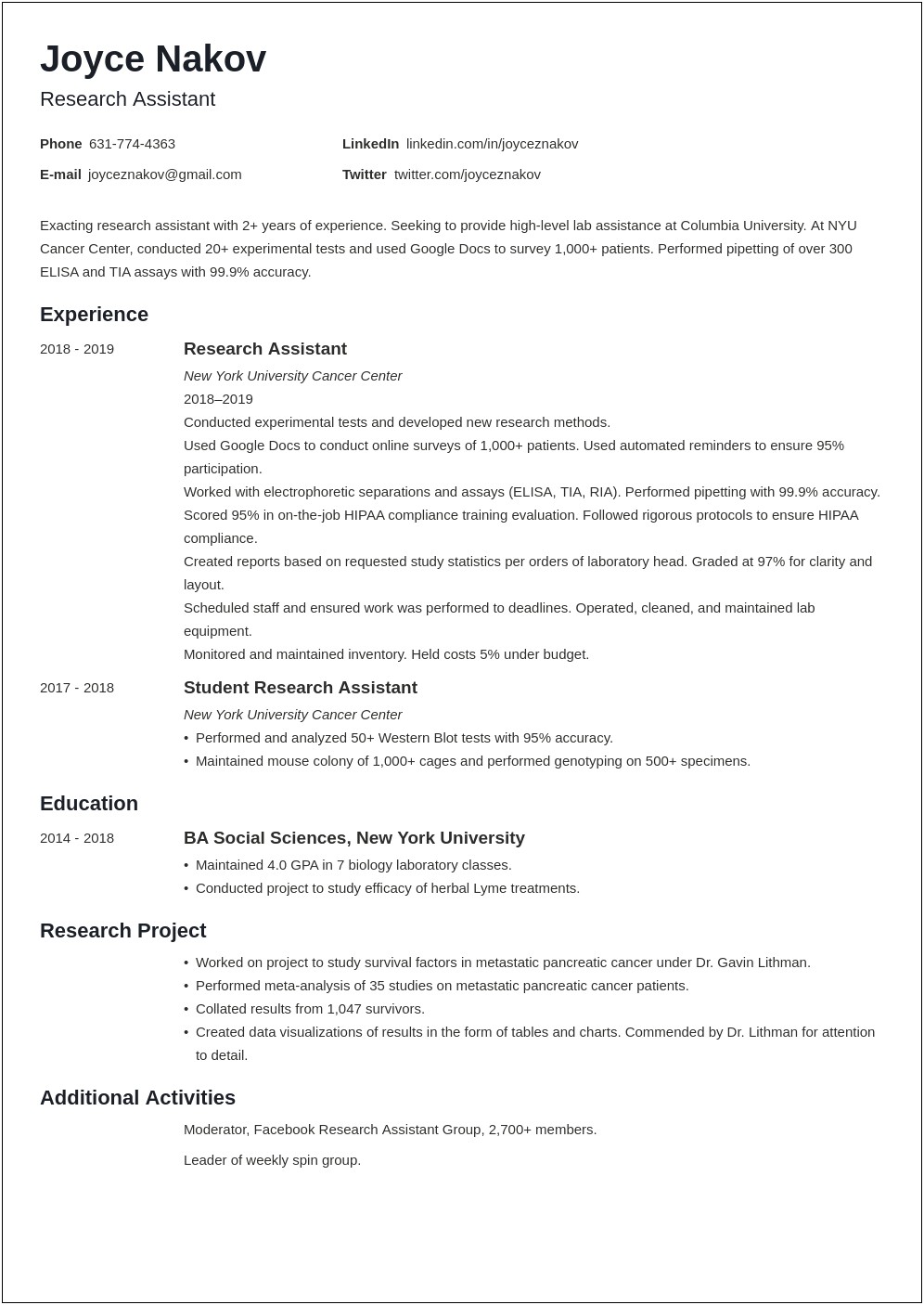 Research Resume With No Work Experience