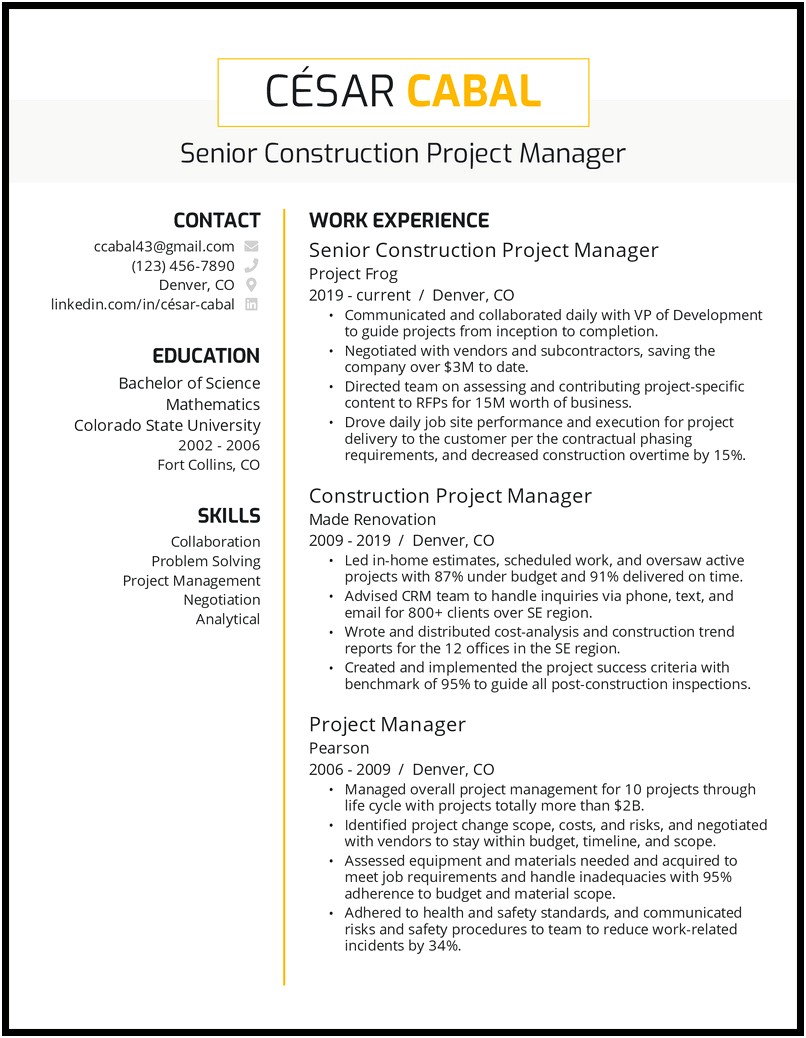 Residential Construction Project Manager Resume Sample